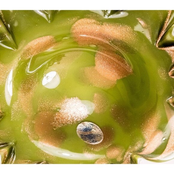 Creation Vimax Decorative Art Glass Bowl Italy, MCM, Green Gold Sparkle Dish - Picture 11 of 15